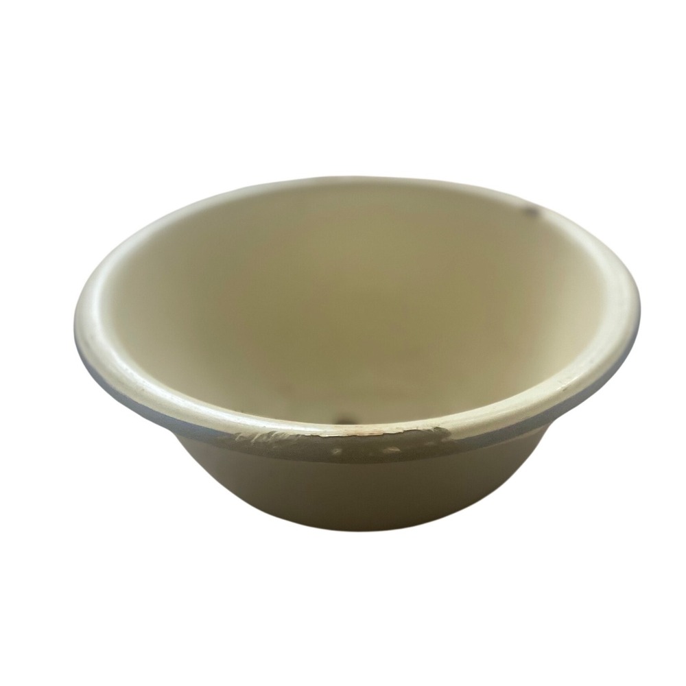 Vintage Enamelware Wash Basin Bowl Cream Blue Rim Farmhouse Rustic 12 Inch